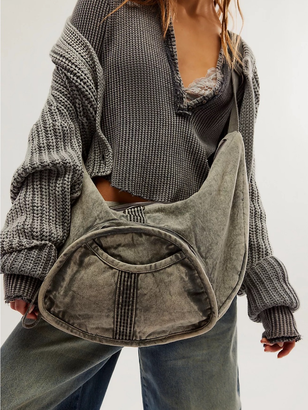 Free People Styx Washed Denim Gray Casual Sling Crossbody Shoulder Bag